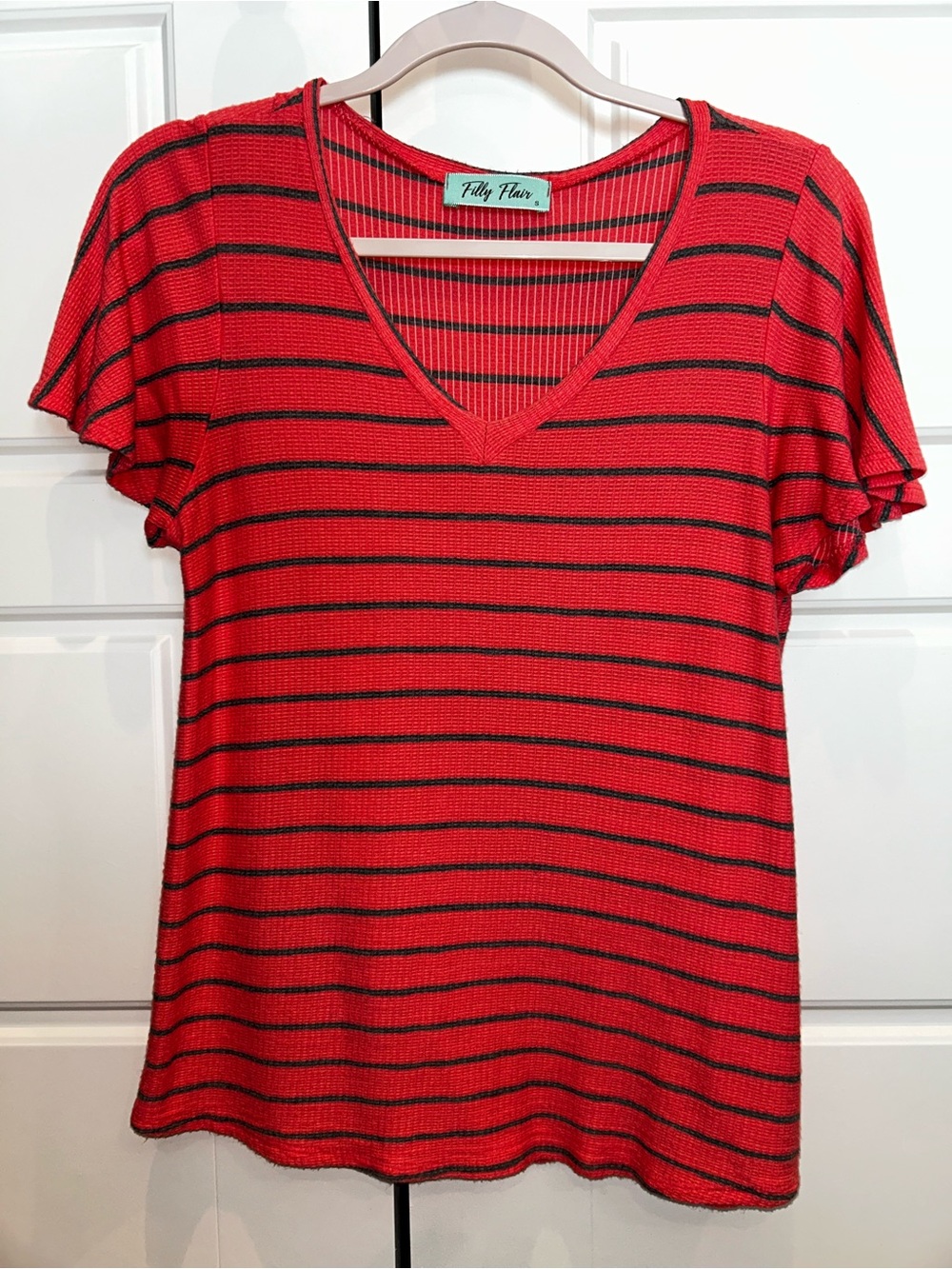 Filly Flair Coral & Gray Striped V-Neck Women's Top